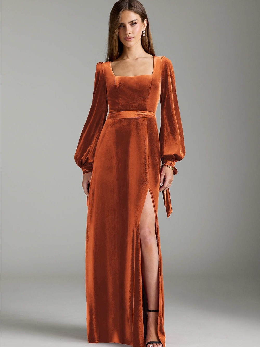 Azazie Leonia Terracotta Velvet Maxi Bridesmaid Dress Long Tie Sleeve Sz A16 NWT
